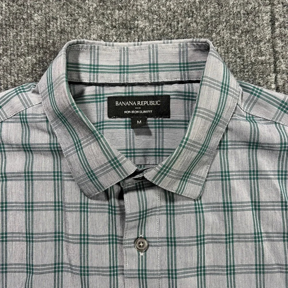 Banana Republic Men's Medium‎ Non-Iron Slim Fit Plaid Dress Shirt Green Grey